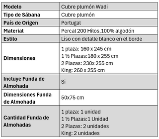 Cubre Plumón Wadi, Percal 200 hilos, 100% Algodón de Portugal.