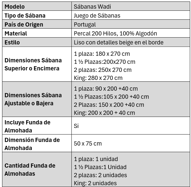 Juego de Sábanas Wadi, Percal , 100% Algodón de Portugal.