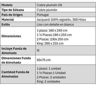 Cubre Plumón Oti King, 300 Hilos, 100% Algodón Portugués