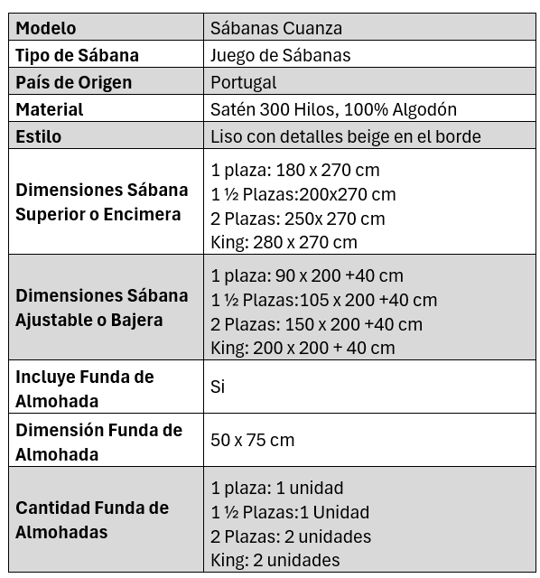 Juego de Sábanas Cuanza, Satén 300 Hilos, 100% Algodón Portugal
